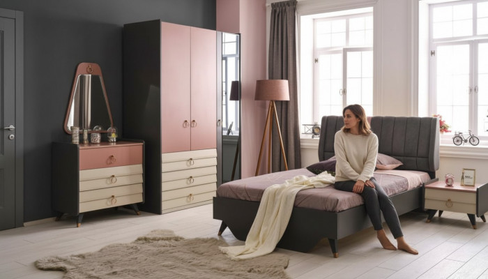 Luxus Schlofkummer Set Bett Nuetsdësch Kleederschaf Kommode Spigel nei