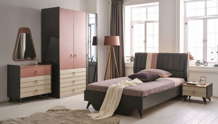 Luxus Schlofkummer Set Bett Nuetsdësch Kleederschaf Kommode Spigel nei
