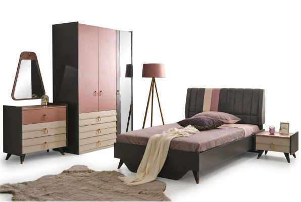 Luxus Schlofkummer Set Bett Nuetsdësch Kleederschaf Kommode Spigel nei