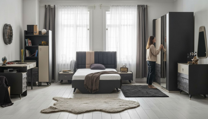 Luxuriéis gro Schlofzëmmer Set Jugendzëmmer Kannerzëmmer 7-Del Bett