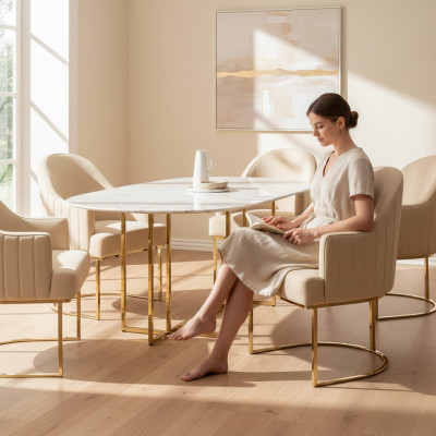Iesszëmmerstill Wunnzëmmer luxuriéis Beige Stull mat Metall Modern nei