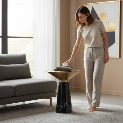 Schwaarzen Designer Beräicher Dësch Luxus Edelstahl Miwwelen Wunnzëmmer Dësch