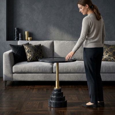 Modern schwaarze Couchtisch Luxus Marmer Dësch Bäitest Dëscher Wunnzëmmer Ronn