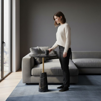 Schwaarzen Rond-Säitendësch Designer Couchdësch Eedelstol Miwwel Stil