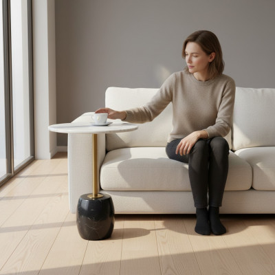 Designer ronnen Niewentafel mat Marmerplack Héichwäertege Couchtisch