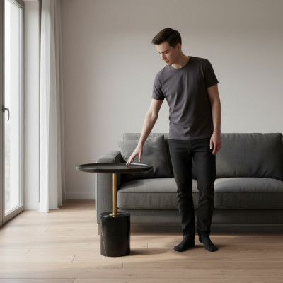 Ronnen, schwaarzen Bäizstell Dësch mat Edelstolfouss Designer Ablagdësch