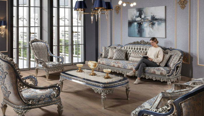 Chesterfield Sitzgrupp Sofagarnitur 3+1+1 Sëtzer Luxus Textil Zofaen