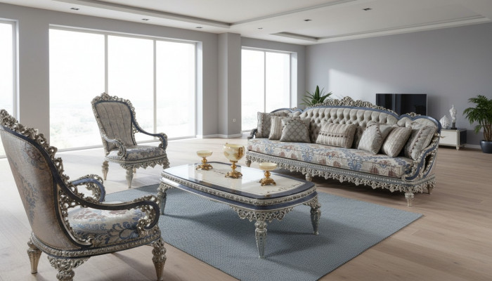 Chesterfield Sitzgrupp Sofagarnitur 3+1+1 Sëtzer Luxus Textil Zofaen