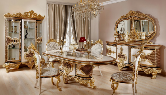 Luxuriéist Iesszëmmer Set Wäiss-Gold Iessdësch 4x Stull Kommode 6tlg Miwwelen