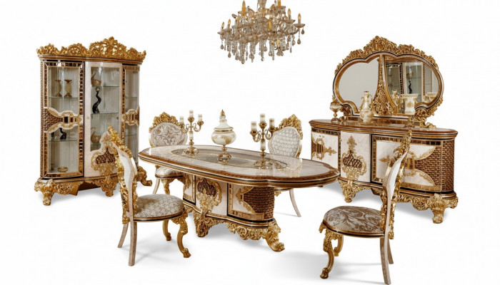 Luxuriéist Iesszëmmer Set Wäiss-Gold Iessdësch 4x Stull Kommode 6tlg Miwwelen