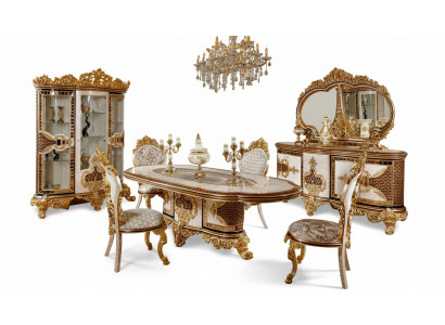 Luxuriéist Iesszëmmer Set Wäiss-Gold Iessdësch 4x Stull Kommode 6tlg Miwwelen
