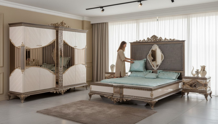 Wäiss-gëllen Schlofzëmmer Geschir Duebelbett 2x Nuetsdëscher Schaf Set Bett