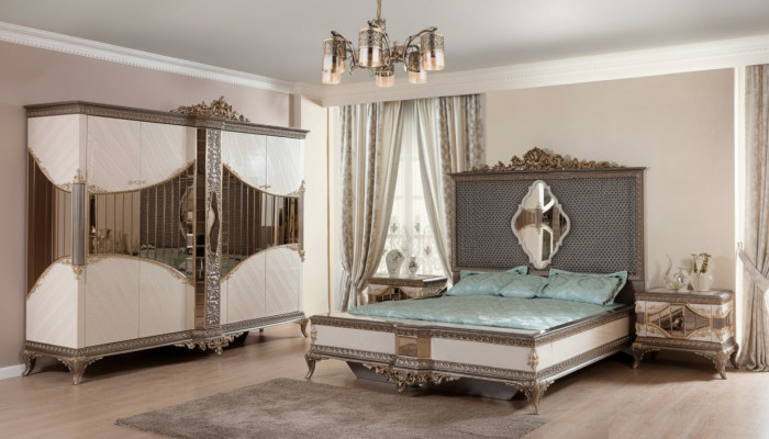 Wäiss-gëllen Schlofzëmmer Geschir Duebelbett 2x Nuetsdëscher Schaf Set Bett
