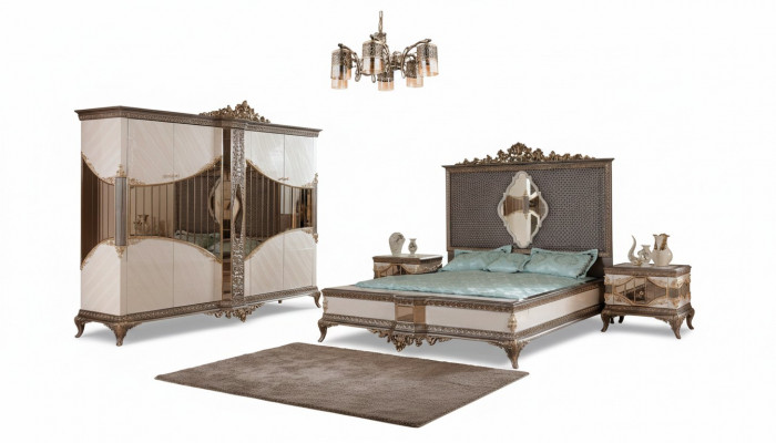 Wäiss-gëllen Schlofzëmmer Geschir Duebelbett 2x Nuetsdëscher Schaf Set Bett