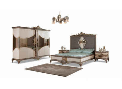 Wäiss-gëllen Schlofzëmmer Geschir Duebelbett 2x Nuetsdëscher Schaf Set Bett