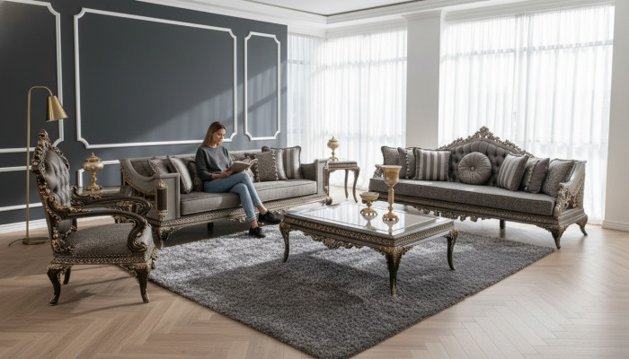 Klassesch Gro Goulchesterfield Sofa Garnitur 3+3+1 Sëtzer Dësch Set 4 Deeler