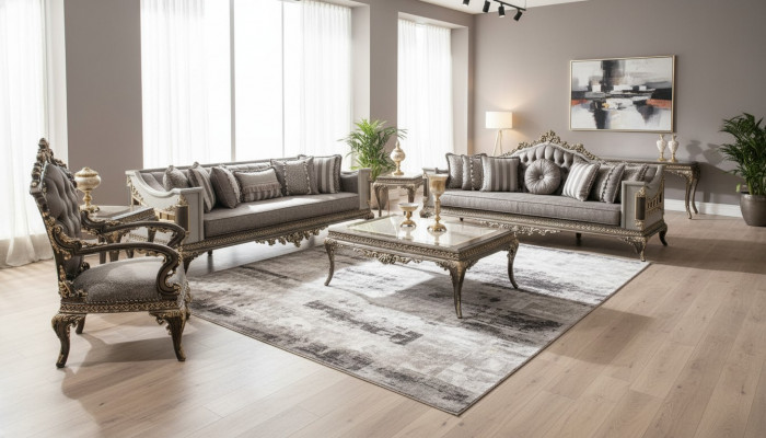 Klassesch Gro Goulchesterfield Sofa Garnitur 3+3+1 Sëtzer Dësch Set 4 Deeler