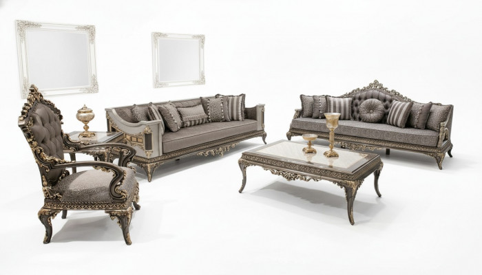 Klassesch Gro Goulchesterfield Sofa Garnitur 3+3+1 Sëtzer Dësch Set 4 Deeler