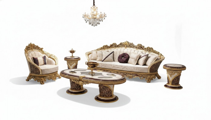 Wäiss-Gëllen Sofa-Garnitur Chesterfield 3+1 Sëtzer Dëschset 3 Deeler Sofa