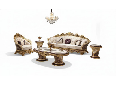 Wäiss-Gëllen Sofa-Garnitur Chesterfield 3+1 Sëtzer Dëschset 3 Deeler Sofa