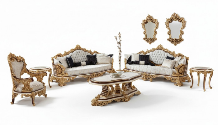 Klassesch wäiss Chesterfield Sofa Set 3+3+1 Sëtzer Couchtisch 4-Stéck Set