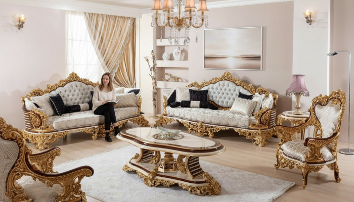 Wäiss-Gold Chesterfield Sofagarnitur 3+3+1 Sëtzer Couch Sëtz 3 Deeler