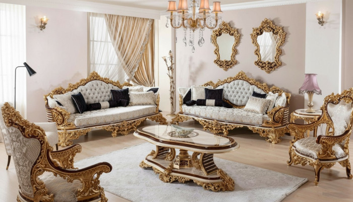 Wäiss-Gold Chesterfield Sofagarnitur 3+3+1 Sëtzer Couch Sëtz 3 Deeler