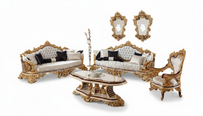 Wäiss-Gold Chesterfield Sofagarnitur 3+3+1 Sëtzer Couch Sëtz 3 Deeler