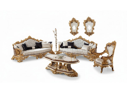 Wäiss-Gold Chesterfield Sofagarnitur 3+3+1 Sëtzer Couch Sëtz 3 Deeler