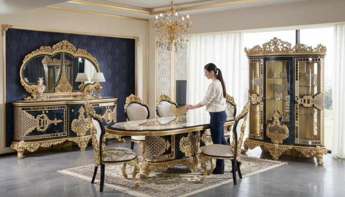 Stilvollen Schwarz-Goldenen Iesszëmmer Set Luxus Garnitur Kommode Iessdësch