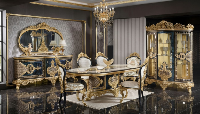 Stilvollen Schwarz-Goldenen Iesszëmmer Set Luxus Garnitur Kommode Iessdësch