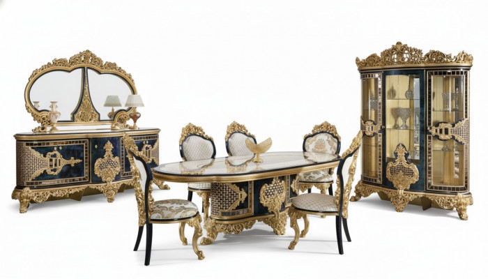 Stilvollen Schwarz-Goldenen Iesszëmmer Set Luxus Garnitur Kommode Iessdësch
