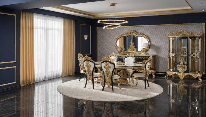 Schwaarz-Goldene Iesszëmmer Set Iessgrupp Holz Miwwel Iessdësch 5 Deeler Neit