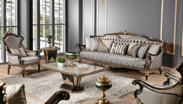Chesterfield Canapé-Set 3+1 Sëtz Kaffisdësch Canapé-Set 3 Stéck Gro