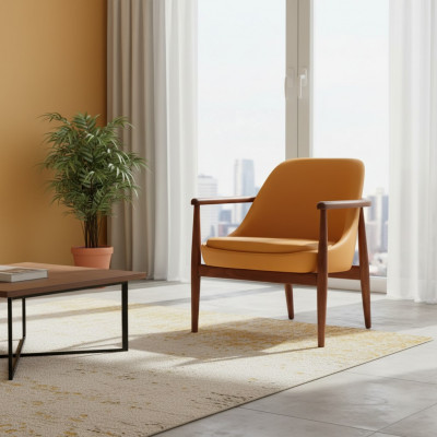 Designer orange gepolsterte Stull Iesszëmmerstull mat Holzgestell Eenpersounssëtz.