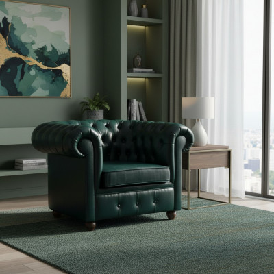 Chesterfield donkelgréng Fotell Lounge Wunnzëmmer Fernsehsëtz.