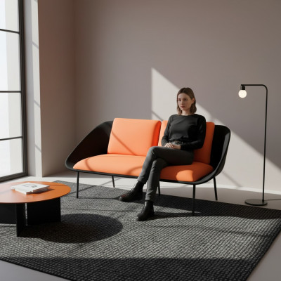 Schwaarz-orange 2-Sëtzer Aarbechtszëmmer Polster Modern Canapé Textil Sofasen