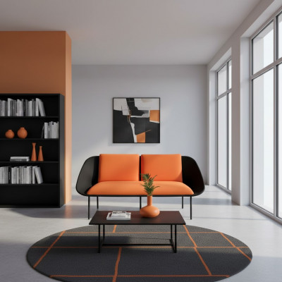 Schwaarz-orange 2-Sëtzer Aarbechtszëmmer Polster Modern Canapé Textil Sofasen