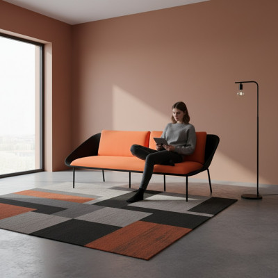 Schwaarz-Oranger Dräisëtzer Luxus 3-Sëtzer Polster Couch Textil 3-er Neien