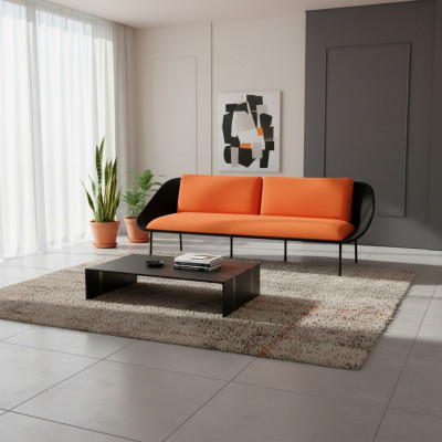 Schwaarz-Oranger Dräisëtzer Luxus 3-Sëtzer Polster Couch Textil 3-er Neien