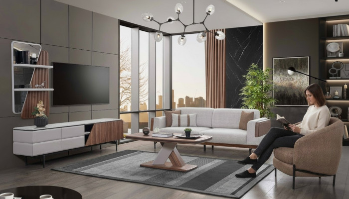 Modern Living-Zimmer Set 3-Sëtzer Dësch fir d'Zëmmer TV-Stänner Mauerregal 5 Deeler