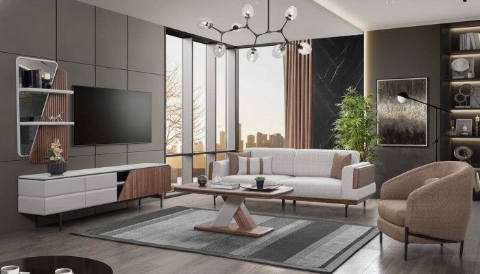 Modern Living-Zimmer Set 3-Sëtzer Dësch fir d'Zëmmer TV-Stänner Mauerregal 5 Deeler