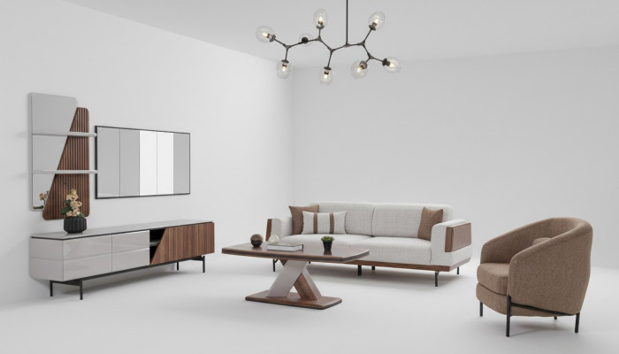 Modern Living-Zimmer Set 3-Sëtzer Dësch fir d'Zëmmer TV-Stänner Mauerregal 5 Deeler