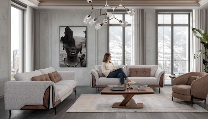 Braun-Gro Sofasangarnitur 3+3+1, Dësch, Komplett Wunnt Zëmmer Set