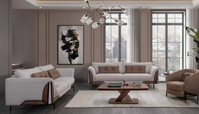 Braun-Gro Sofasangarnitur 3+3+1, Dësch, Komplett Wunnt Zëmmer Set