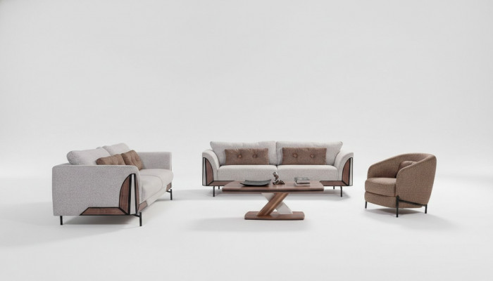 Braun-Gro Sofasangarnitur 3+3+1, Dësch, Komplett Wunnt Zëmmer Set