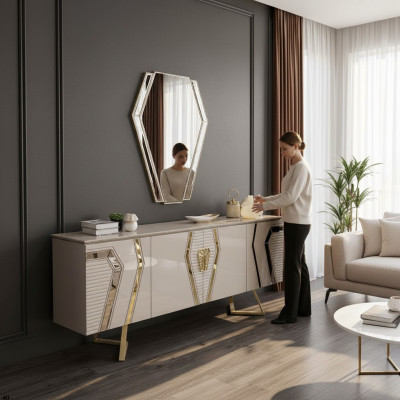 Luxus Wäiss-Goldeg Komod mam Spigel Designer Sideboard Holzmöbel