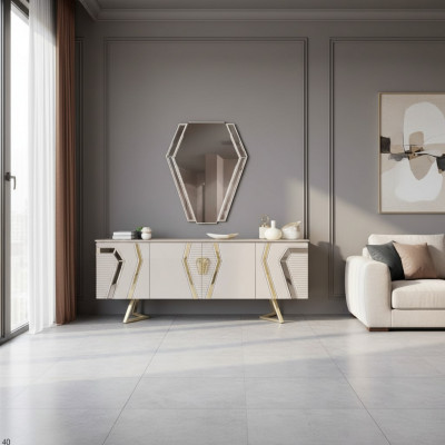 Luxus Wäiss-Goldeg Komod mam Spigel Designer Sideboard Holzmöbel
