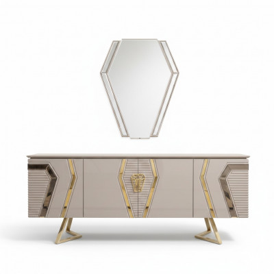 Luxus Wäiss-Goldeg Komod mam Spigel Designer Sideboard Holzmöbel