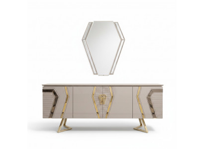 Luxus Wäiss-Goldeg Komod mam Spigel Designer Sideboard Holzmöbel